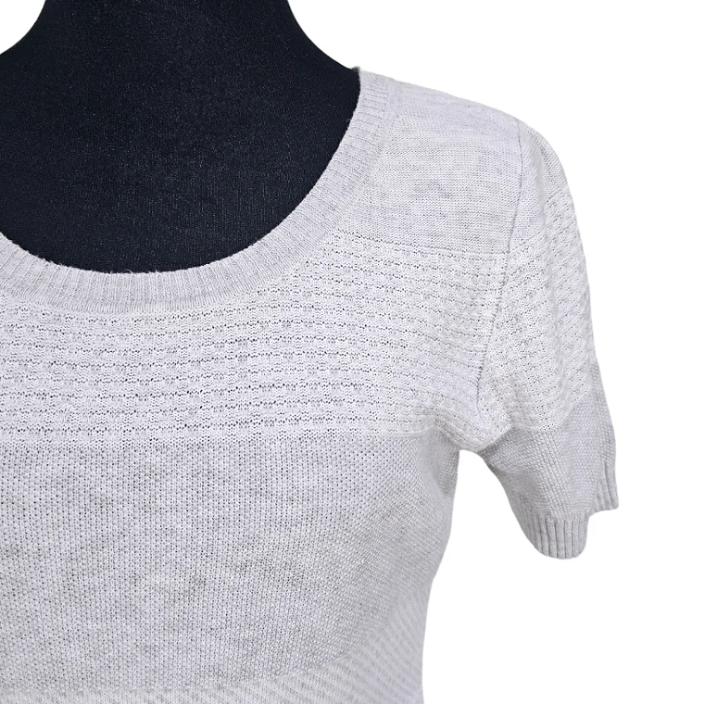 OST Cotton Pointelle Knit Gray White Short Sleeve Split Hem Light Boho Sweater